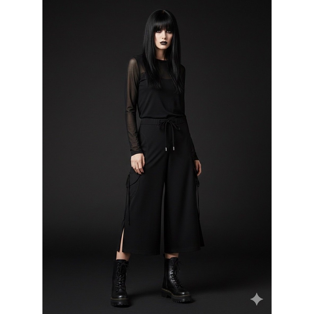Mesmerize black wide‎ leg cinch cargo pockets capri length dress pants size 10